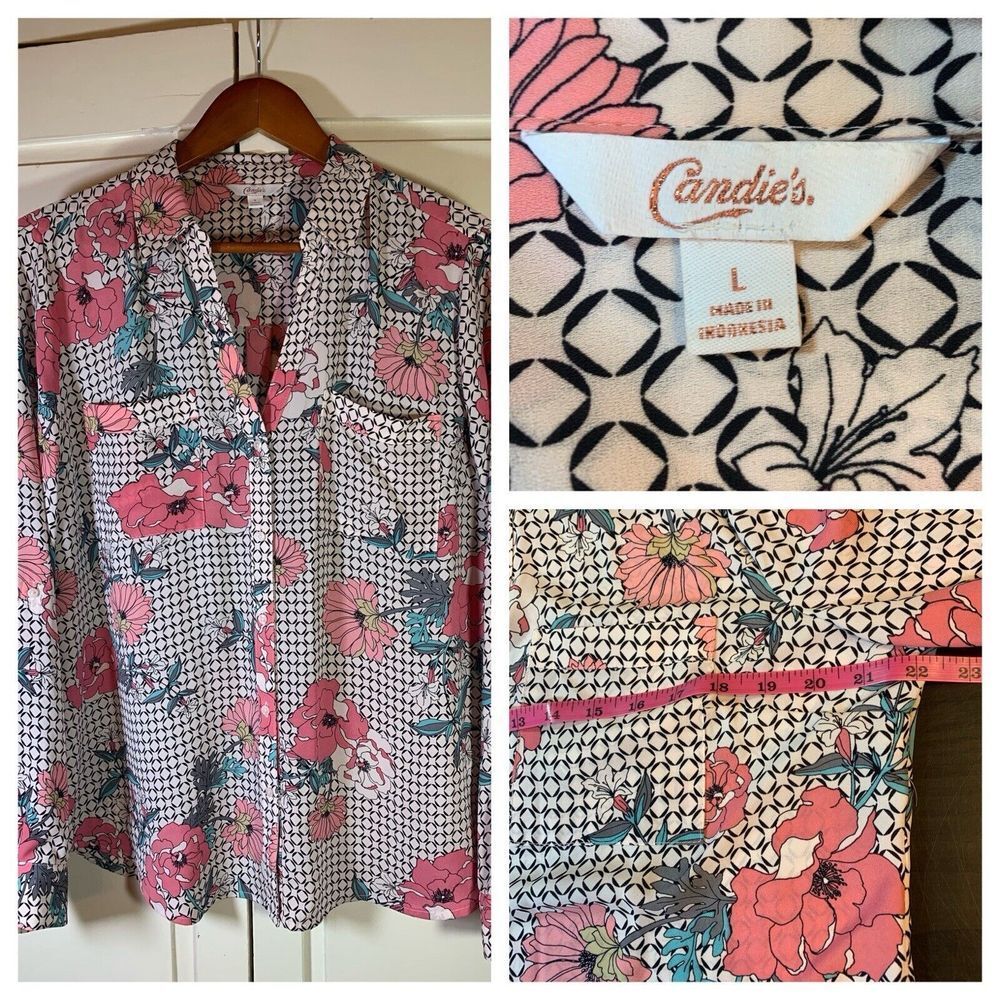 Candie's Pink & Teal Floral Geometric Button-Up Blouse, size large